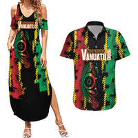 Vanuatu 46th Year Anniversary Couples Matching Summer Maxi Dress and Hawaiian Shirt Tamtam Slit Drums Long God Yumi Stanap LT9 Black - Polynesian Pride