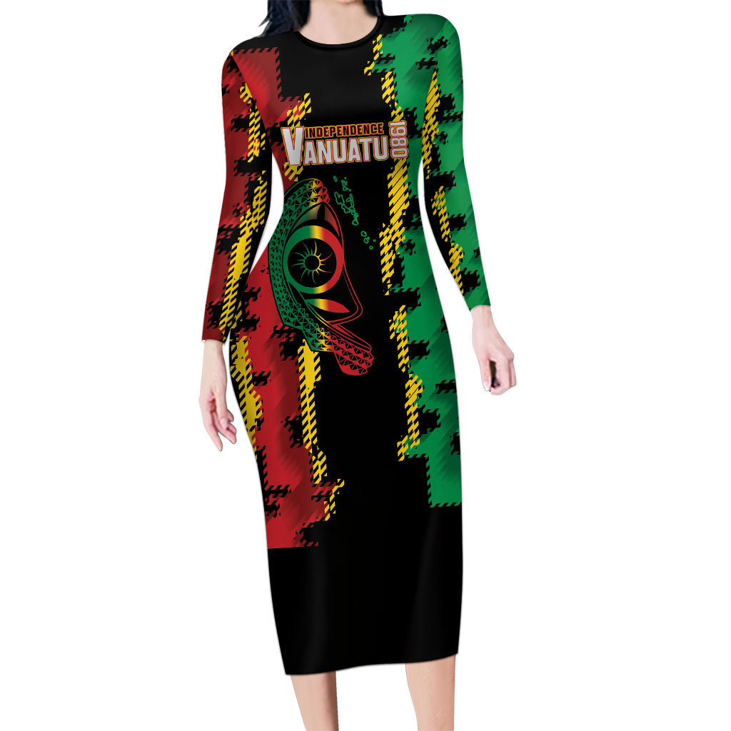 Vanuatu 46th Year Anniversary Family Matching Long Sleeve Bodycon Dress and Hawaiian Shirt Tamtam Slit Drums Long God Yumi Stanap LT9 Mom's Dress Black - Polynesian Pride