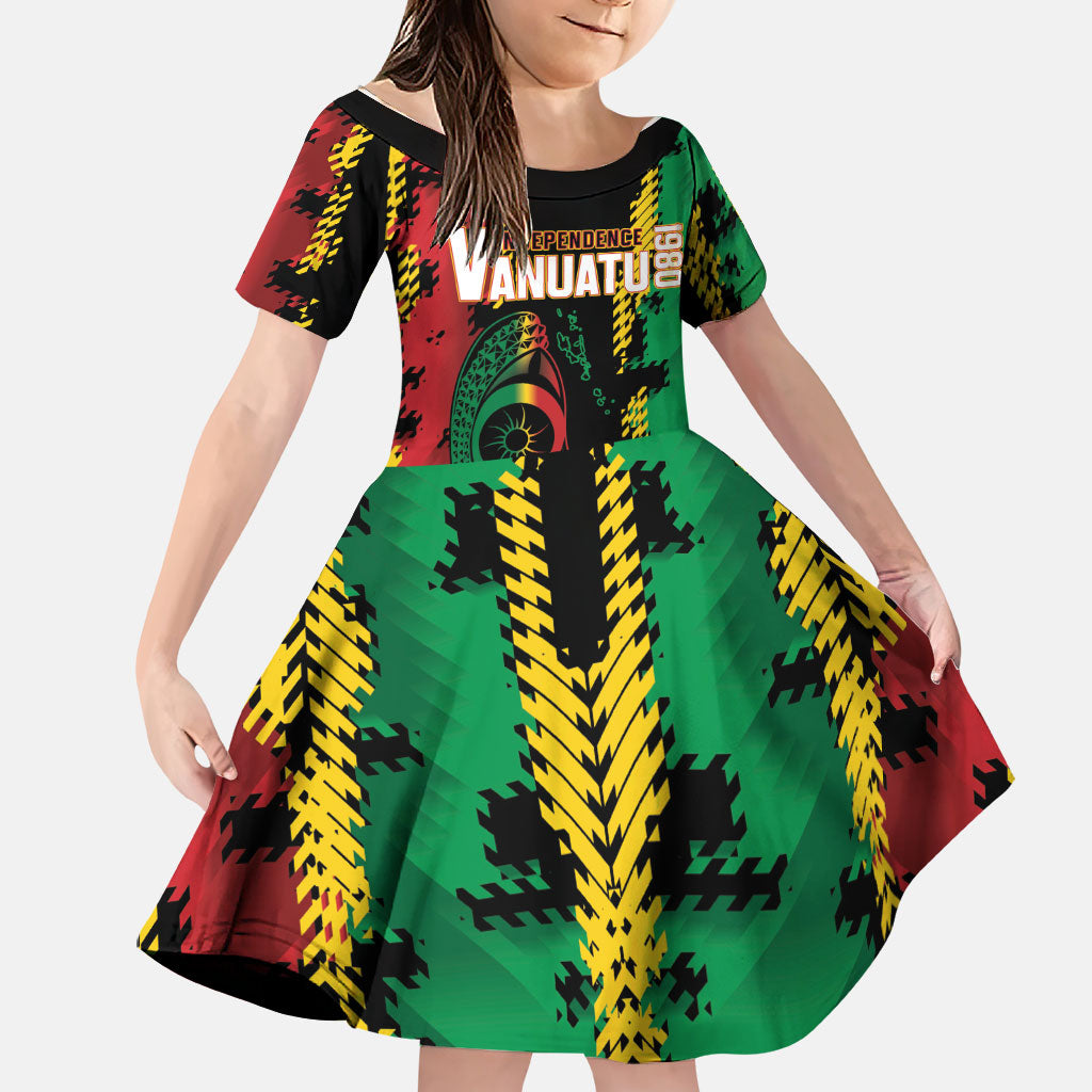Vanuatu 46th Year Anniversary Family Matching Off The Shoulder Long Sleeve Dress and Hawaiian Shirt Tamtam Slit Drums Long God Yumi Stanap LT9 Daughter's Dress Black - Polynesian Pride