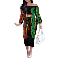 Vanuatu 46th Year Anniversary Family Matching Off The Shoulder Long Sleeve Dress and Hawaiian Shirt Tamtam Slit Drums Long God Yumi Stanap LT9 Mom's Dress Black - Polynesian Pride