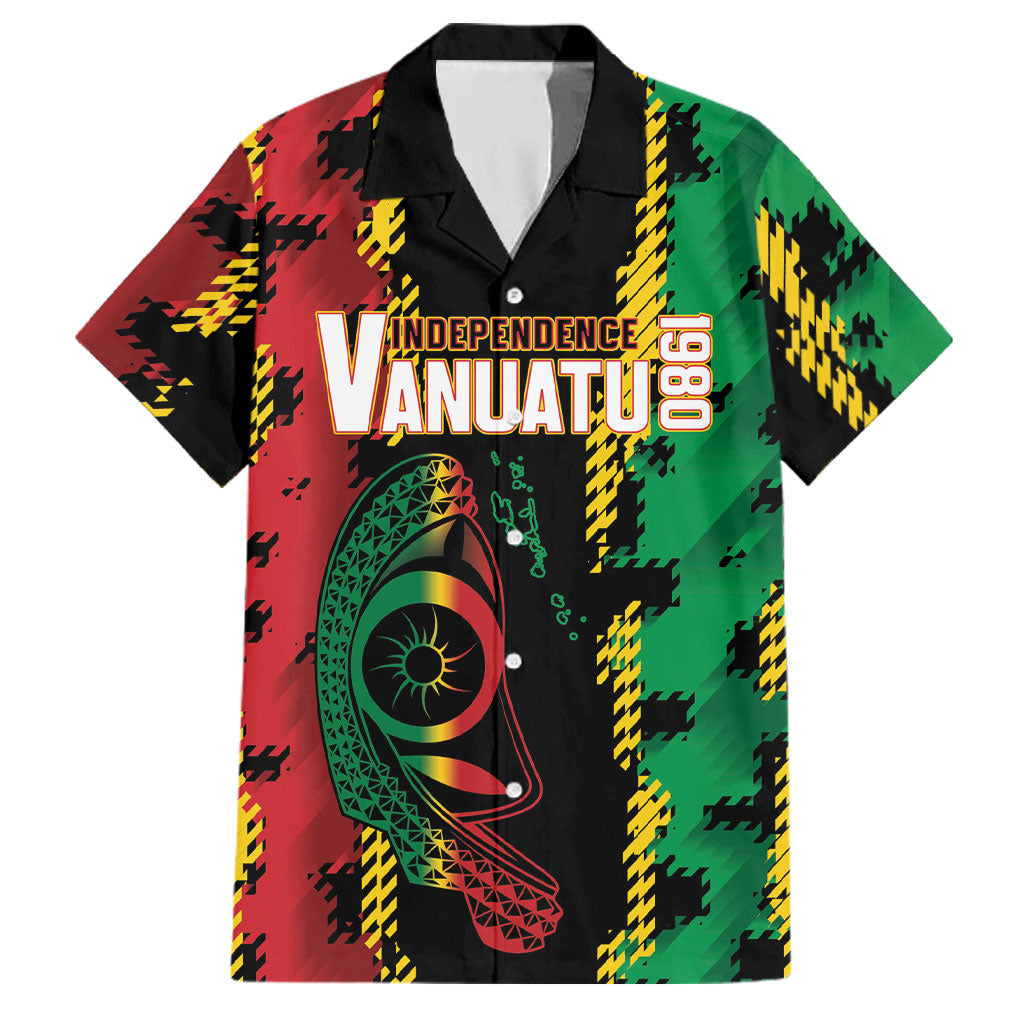 Vanuatu 46th Year Anniversary Family Matching Off Shoulder Maxi Dress and Hawaiian Shirt Tamtam Slit Drums Long God Yumi Stanap LT9 Dad's Shirt - Short Sleeve Black - Polynesian Pride