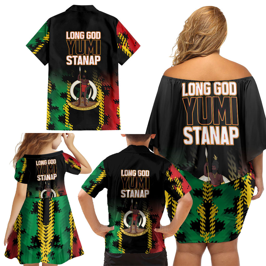 Vanuatu 46th Year Anniversary Family Matching Off Shoulder Short Dress and Hawaiian Shirt Tamtam Slit Drums Long God Yumi Stanap LT9 - Polynesian Pride
