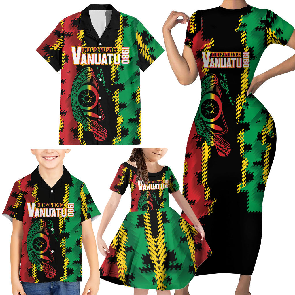 Vanuatu 46th Year Anniversary Family Matching Short Sleeve Bodycon Dress and Hawaiian Shirt Tamtam Slit Drums Long God Yumi Stanap LT9 - Polynesian Pride