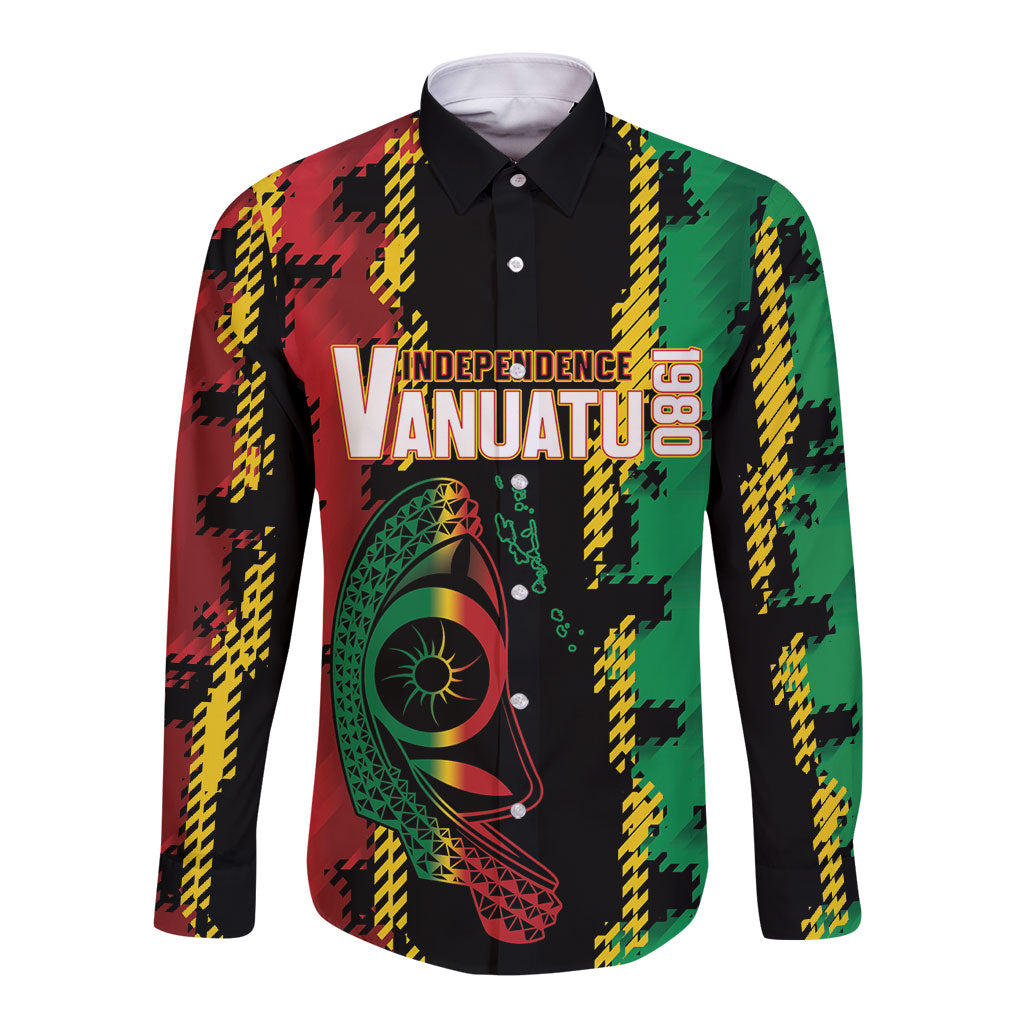 Vanuatu 46th Year Anniversary Long Sleeve Button Shirt Tamtam Slit Drums Long God Yumi Stanap