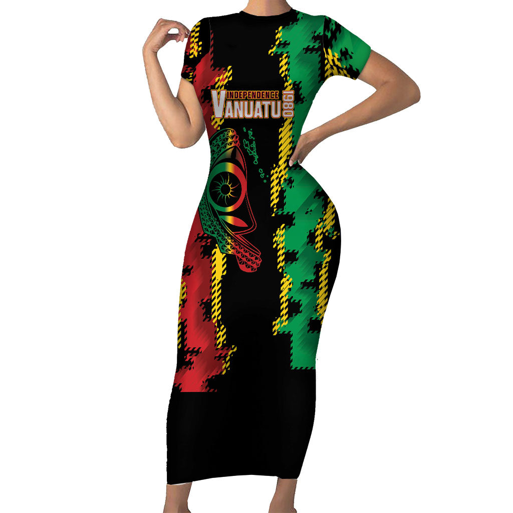 Vanuatu 46th Year Anniversary Short Sleeve Bodycon Dress Tamtam Slit Drums Long God Yumi Stanap