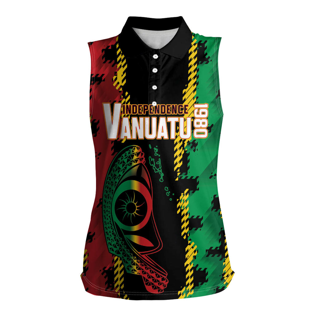 Vanuatu 46th Year Anniversary Women Sleeveless Polo Shirt Tamtam Slit Drums Long God Yumi Stanap LT9 Female Black - Polynesian Pride