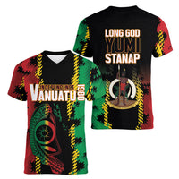 Vanuatu 46th Year Anniversary Women V-Neck T-Shirt Tamtam Slit Drums Long God Yumi Stanap