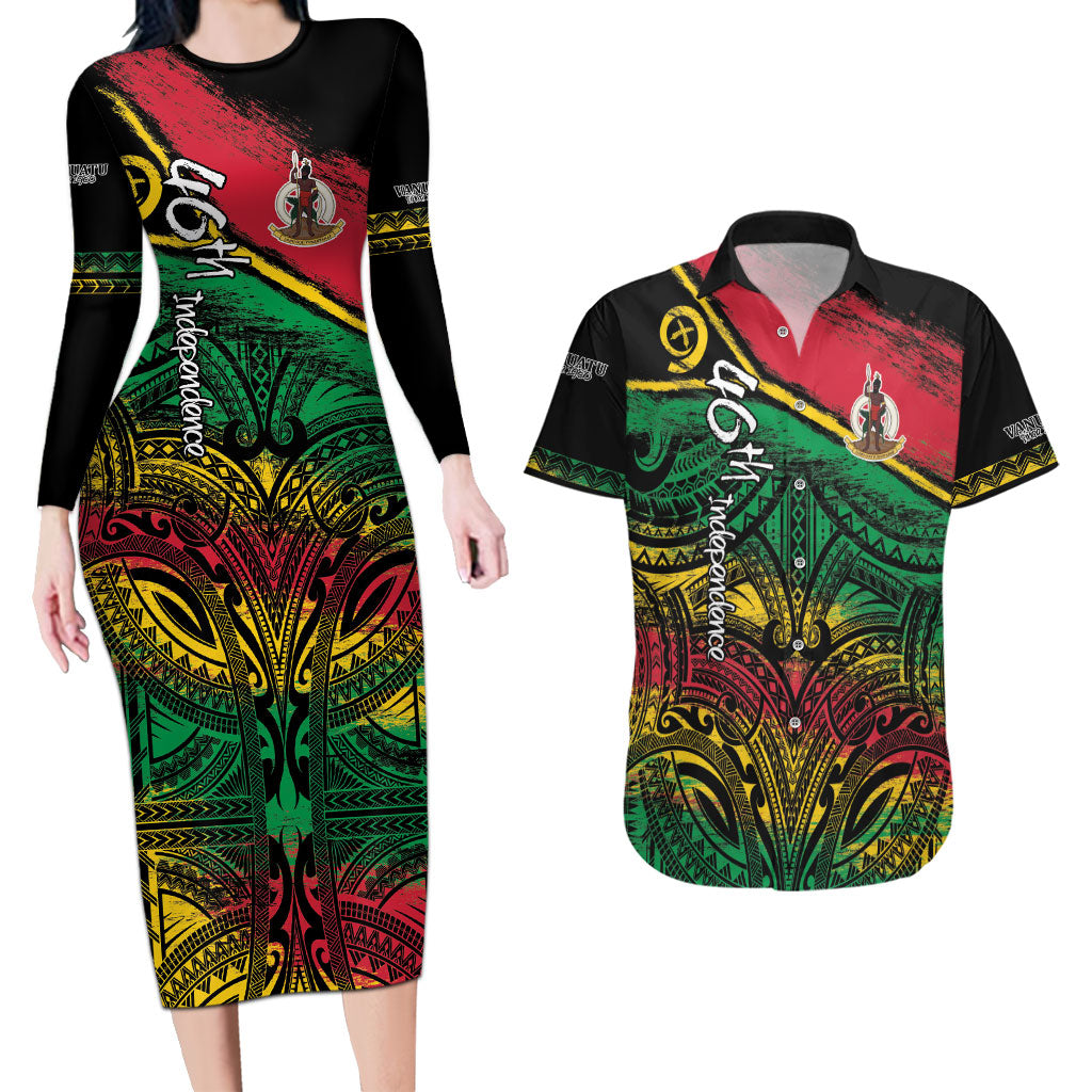 Vanuatu 46th Year Anniversary Couples Matching Long Sleeve Bodycon Dress and Hawaiian Shirt Vintage Grunge Vanuatu Flag Heritage