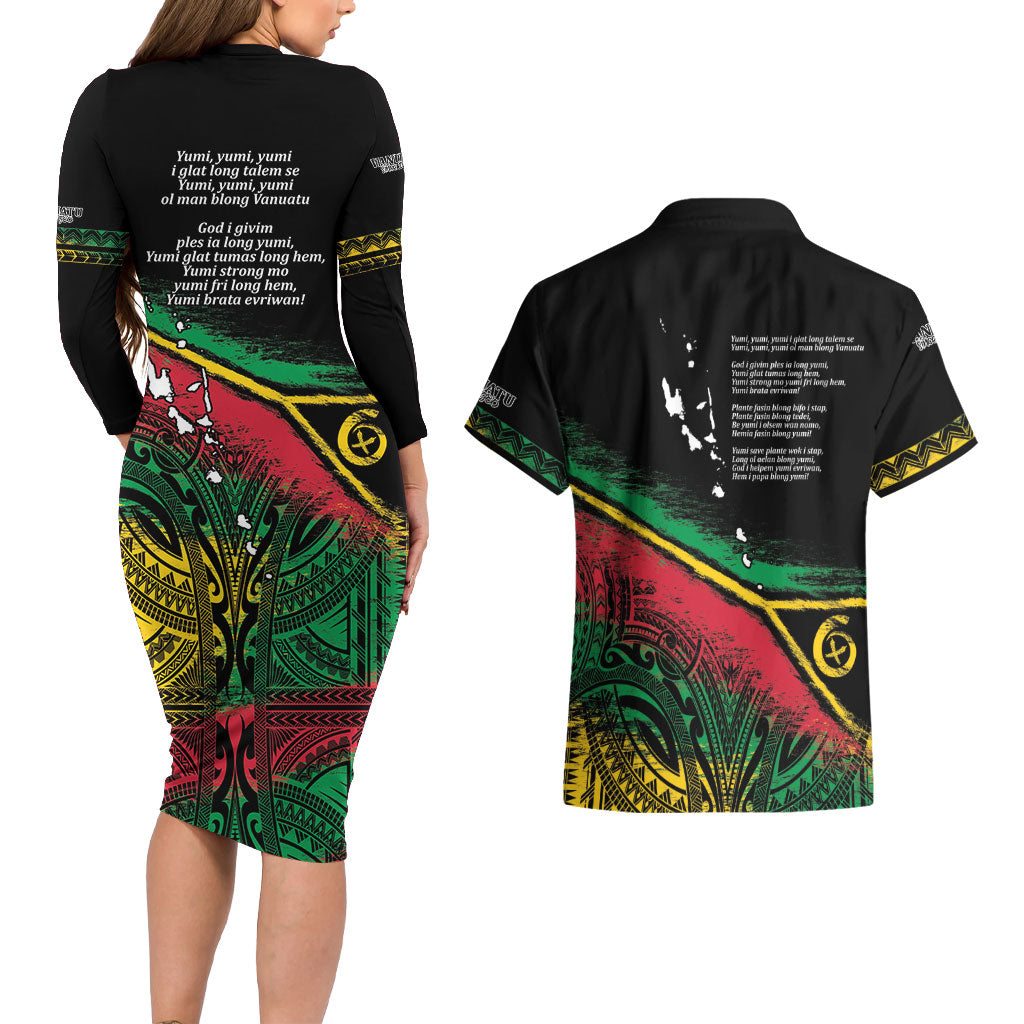 Vanuatu 46th Year Anniversary Couples Matching Long Sleeve Bodycon Dress and Hawaiian Shirt Vintage Grunge Vanuatu Flag Heritage LT9 - Polynesian Pride