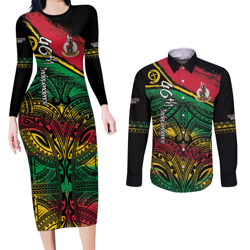 Vanuatu 46th Year Anniversary Couples Matching Long Sleeve Bodycon Dress and Long Sleeve Button Shirt Vintage Grunge Vanuatu Flag Heritage