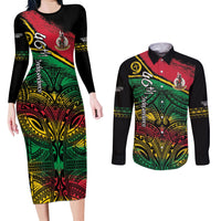 Vanuatu 46th Year Anniversary Couples Matching Long Sleeve Bodycon Dress and Long Sleeve Button Shirt Vintage Grunge Vanuatu Flag Heritage LT9 Black - Polynesian Pride