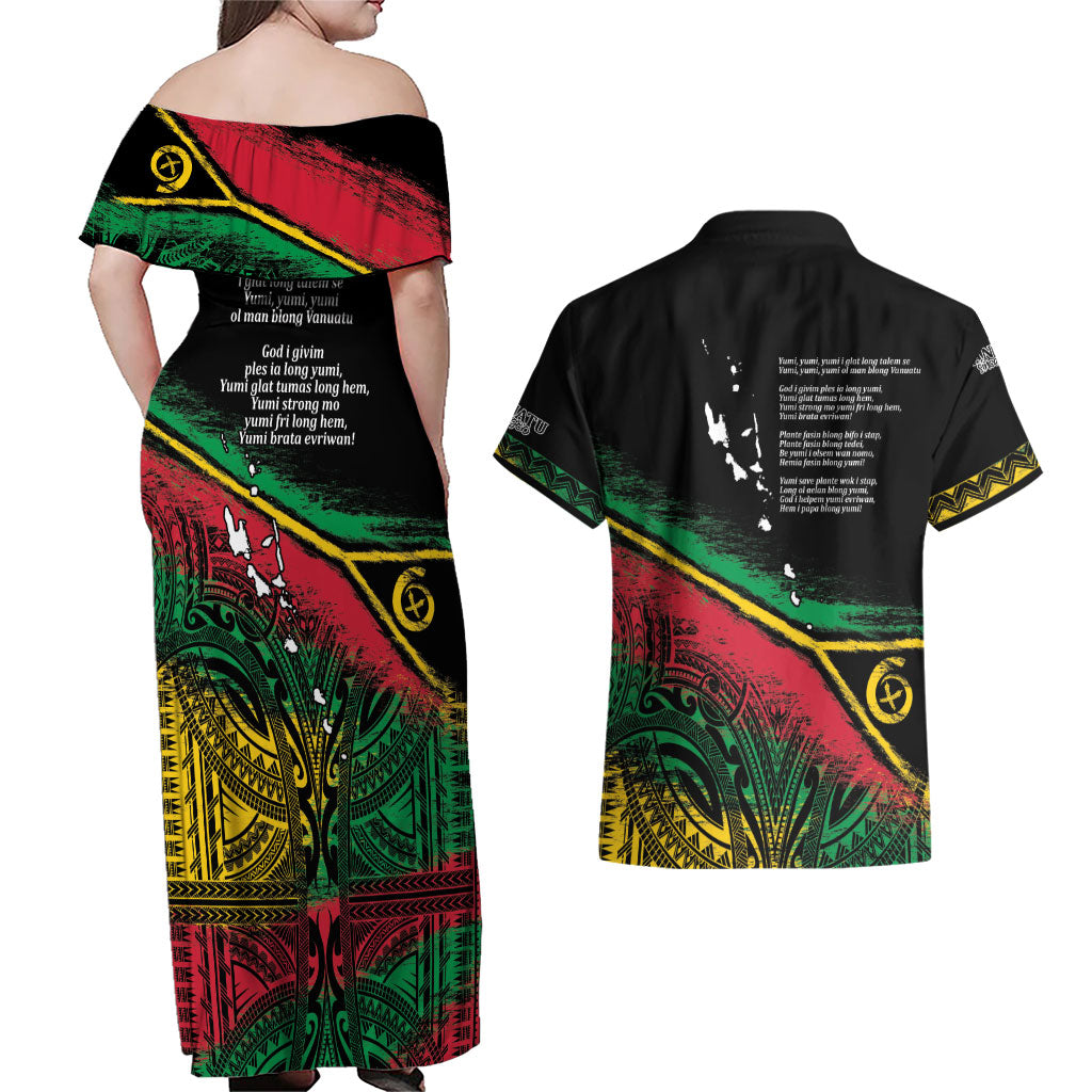 Vanuatu 46th Year Anniversary Couples Matching Off Shoulder Maxi Dress and Hawaiian Shirt Vintage Grunge Vanuatu Flag Heritage LT9 - Polynesian Pride