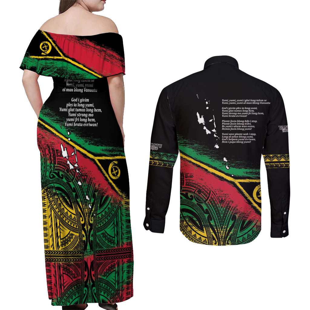 Vanuatu 46th Year Anniversary Couples Matching Off Shoulder Maxi Dress and Long Sleeve Button Shirt Vintage Grunge Vanuatu Flag Heritage
