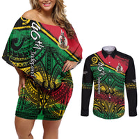 Vanuatu 46th Year Anniversary Couples Matching Off Shoulder Short Dress and Long Sleeve Button Shirt Vintage Grunge Vanuatu Flag Heritage