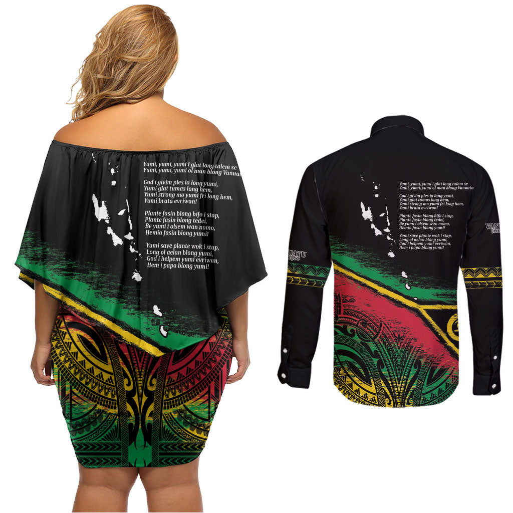 Vanuatu 46th Year Anniversary Couples Matching Off Shoulder Short Dress and Long Sleeve Button Shirt Vintage Grunge Vanuatu Flag Heritage