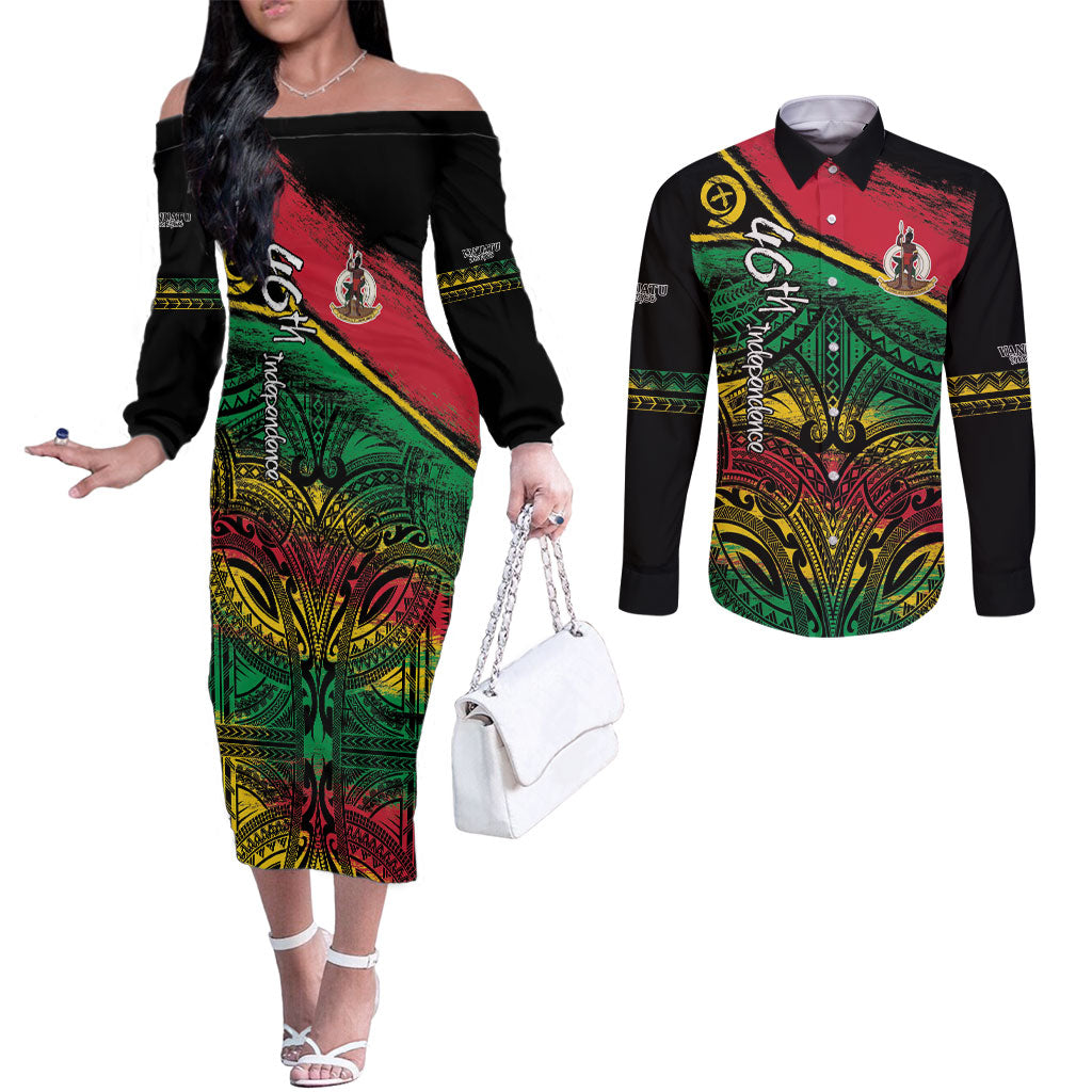 Vanuatu 46th Year Anniversary Couples Matching Off The Shoulder Long Sleeve Dress and Long Sleeve Button Shirt Vintage Grunge Vanuatu Flag Heritage LT9 Black - Polynesian Pride