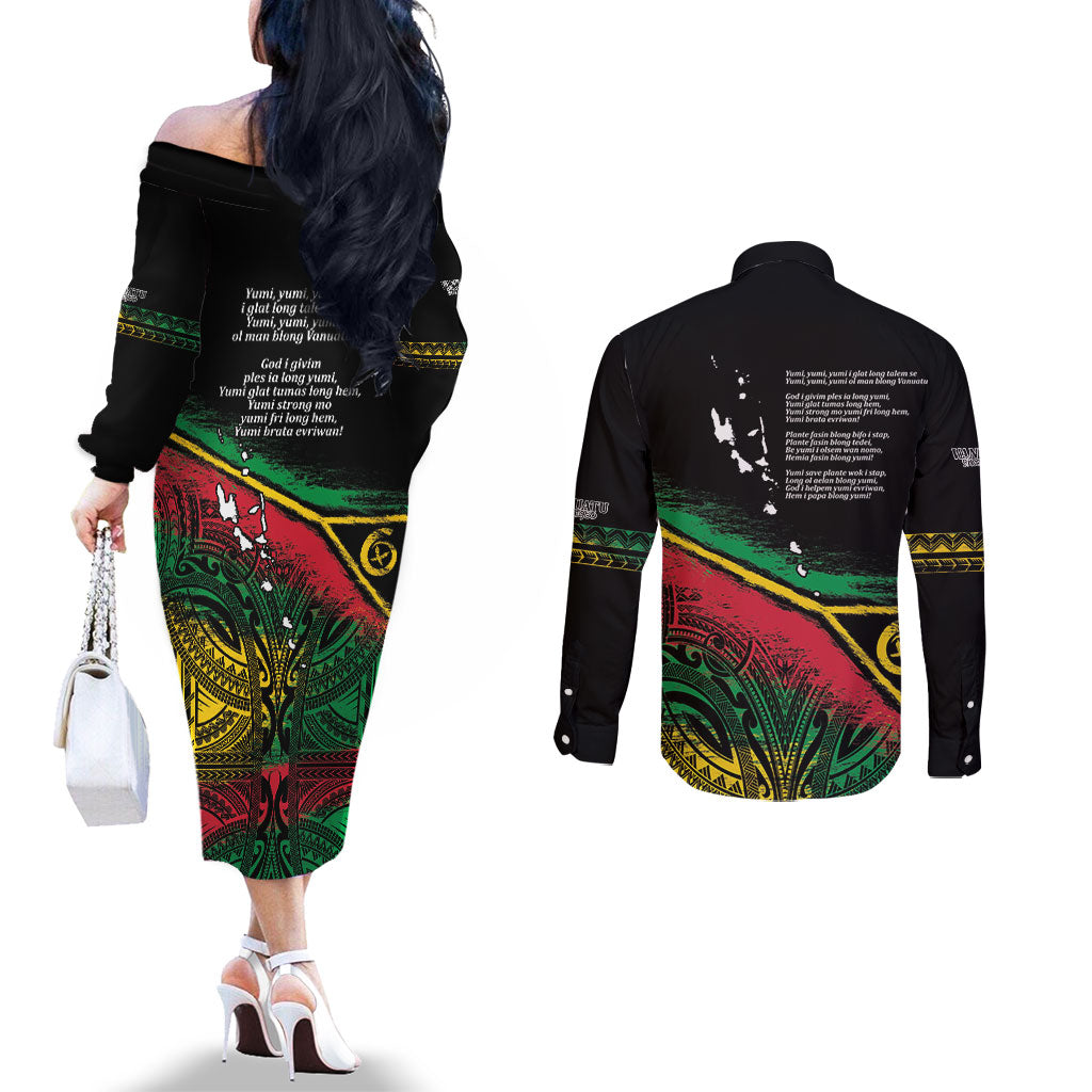 Vanuatu 46th Year Anniversary Couples Matching Off The Shoulder Long Sleeve Dress and Long Sleeve Button Shirt Vintage Grunge Vanuatu Flag Heritage LT9 - Polynesian Pride
