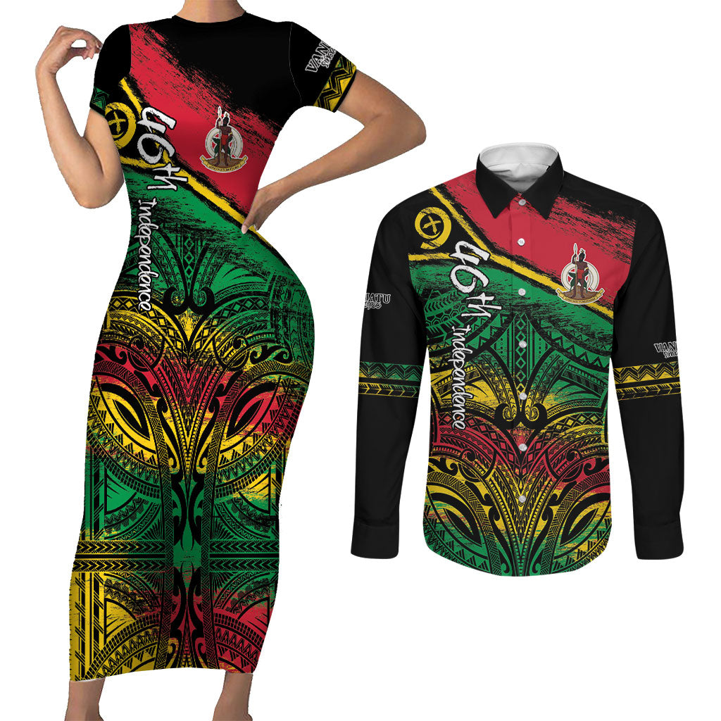 Vanuatu 46th Year Anniversary Couples Matching Short Sleeve Bodycon Dress and Long Sleeve Button Shirt Vintage Grunge Vanuatu Flag Heritage LT9 Black - Polynesian Pride
