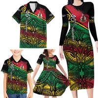 Vanuatu 46th Year Anniversary Family Matching Long Sleeve Bodycon Dress and Hawaiian Shirt Vintage Grunge Vanuatu Flag Heritage LT9 - Polynesian Pride