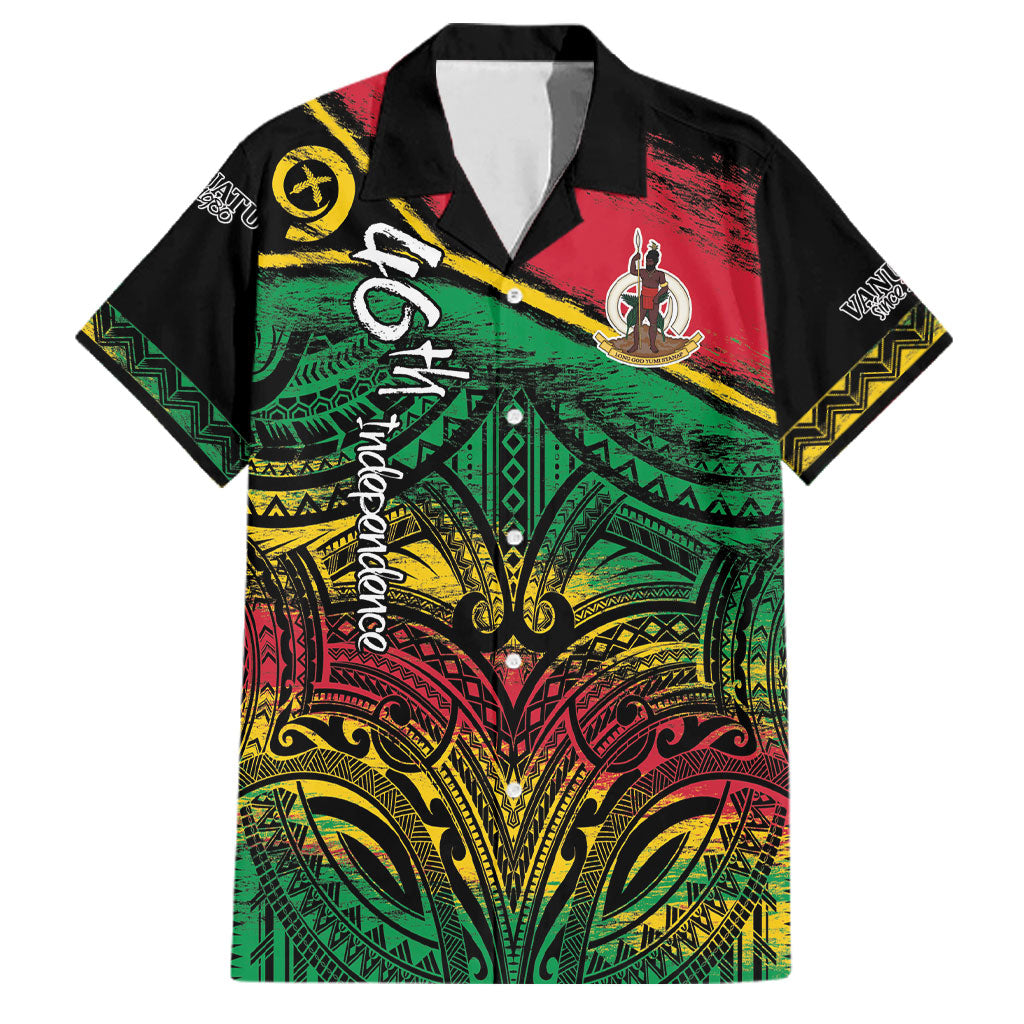 Vanuatu 46th Year Anniversary Family Matching Mermaid Dress and Hawaiian Shirt Vintage Grunge Vanuatu Flag Heritage LT9 Dad's Shirt - Short Sleeve Black - Polynesian Pride