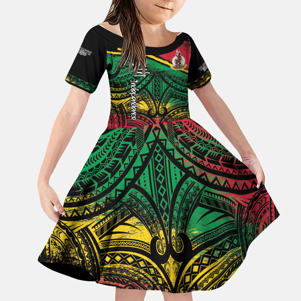 Vanuatu 46th Year Anniversary Family Matching Off Shoulder Maxi Dress and Hawaiian Shirt Vintage Grunge Vanuatu Flag Heritage LT9 Daughter's Dress Black - Polynesian Pride