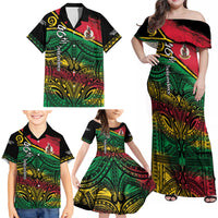 Vanuatu 46th Year Anniversary Family Matching Off Shoulder Maxi Dress and Hawaiian Shirt Vintage Grunge Vanuatu Flag Heritage LT9 - Polynesian Pride