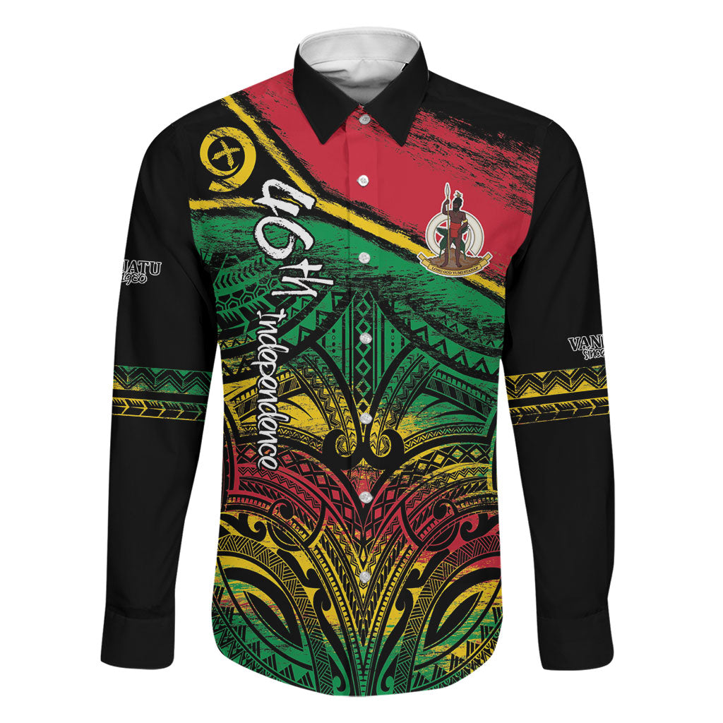 Vanuatu 46th Year Anniversary Family Matching Off Shoulder Maxi Dress and Hawaiian Shirt Vintage Grunge Vanuatu Flag Heritage LT9 Dad's Shirt - Long Sleeve Black - Polynesian Pride