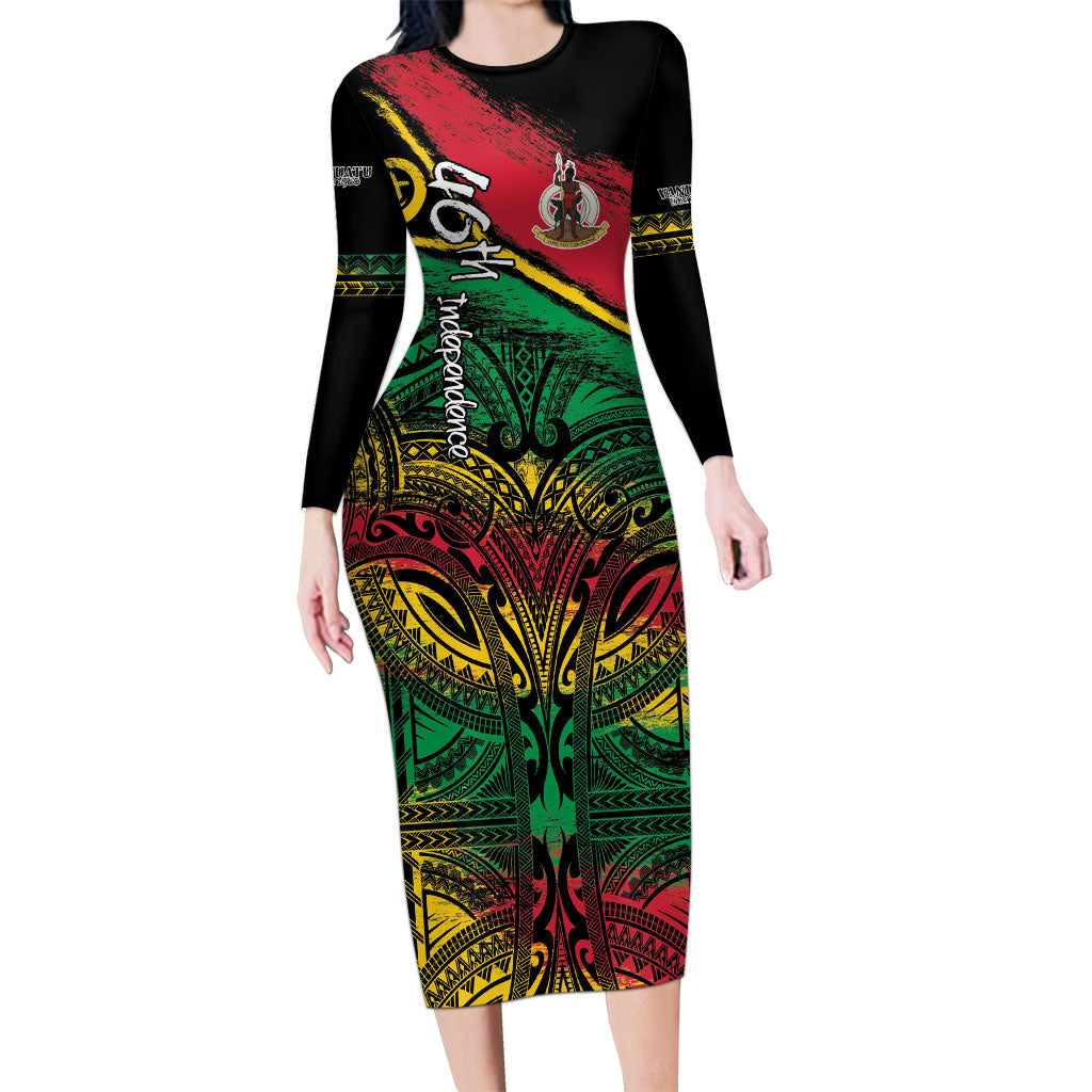 Vanuatu 46th Year Anniversary Long Sleeve Bodycon Dress Vintage Grunge Vanuatu Flag Heritage