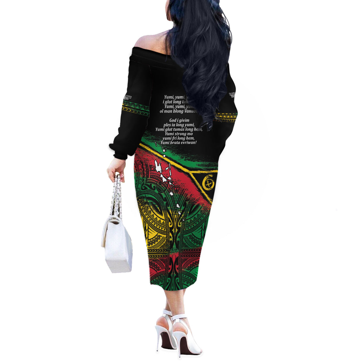 Vanuatu 46th Year Anniversary Off The Shoulder Long Sleeve Dress Vintage Grunge Vanuatu Flag Heritage