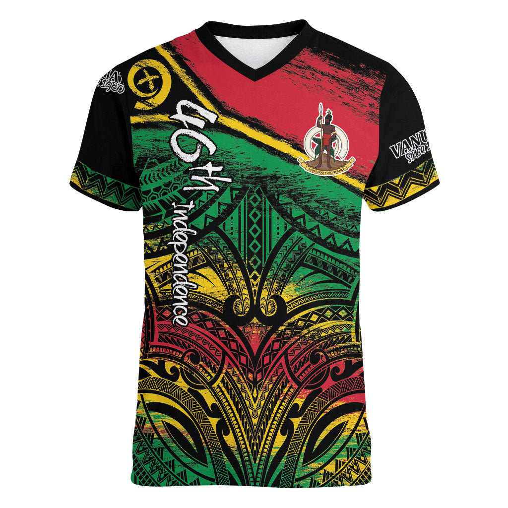 Vanuatu 46th Year Anniversary Women V-Neck T-Shirt Vintage Grunge Vanuatu Flag Heritage