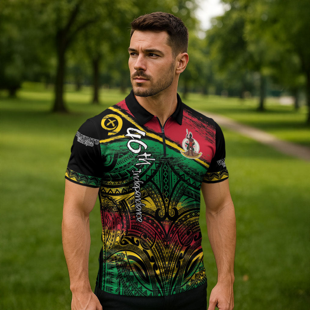 Vanuatu 46th Year Anniversary Zipper Polo Shirt Vintage Grunge Vanuatu Flag Heritage