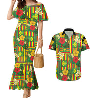 Hawaii Kanaka Maoli Hibiscus Couples Matching Mermaid Dress and Hawaiian Shirt Hawaiian Flag Motif LT9 Green - Polynesian Pride