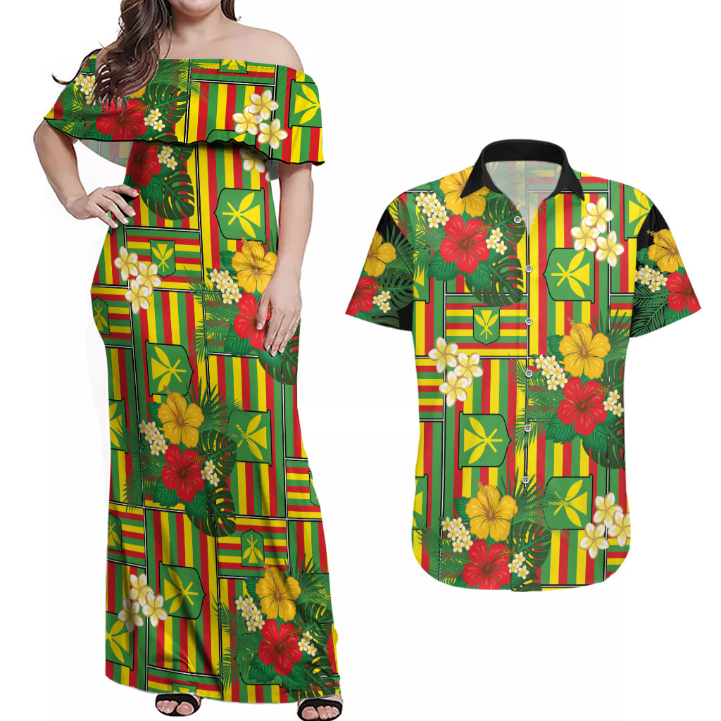 Hawaii Kanaka Maoli Hibiscus Couples Matching Off Shoulder Maxi Dress and Hawaiian Shirt Hawaiian Flag Motif LT9 Green - Polynesian Pride
