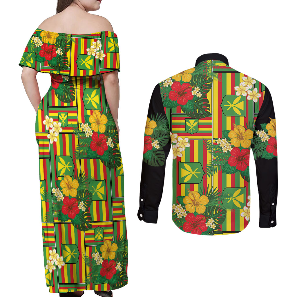Hawaii Kanaka Maoli Hibiscus Couples Matching Off Shoulder Maxi Dress and Long Sleeve Button Shirt Hawaiian Flag Motif LT9 - Polynesian Pride
