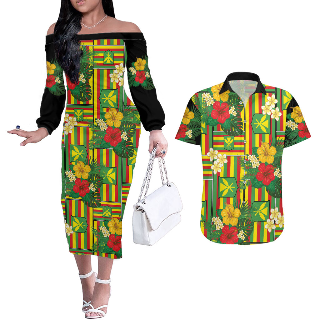 Hawaii Kanaka Maoli Hibiscus Couples Matching Off The Shoulder Long Sleeve Dress and Hawaiian Shirt Hawaiian Flag Motif LT9 Green - Polynesian Pride