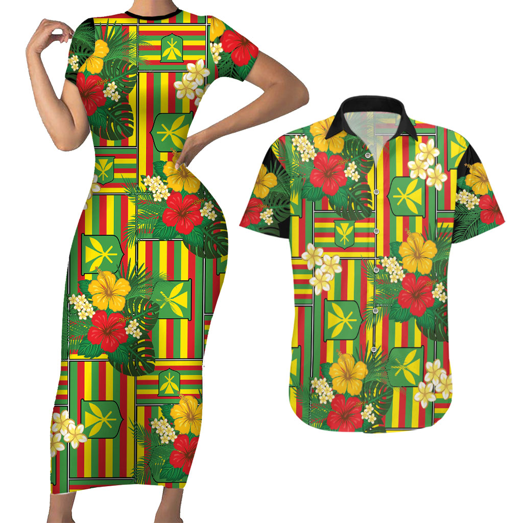 Hawaii Kanaka Maoli Hibiscus Couples Matching Short Sleeve Bodycon Dress and Hawaiian Shirt Hawaiian Flag Motif LT9 Green - Polynesian Pride