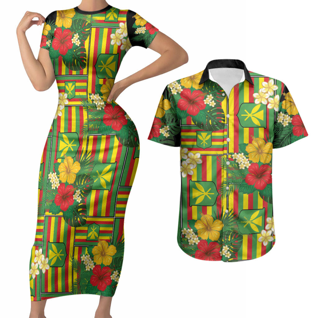 Hawaii Kanaka Maoli Hibiscus Couples Matching Short Sleeve Bodycon Dress and Hawaiian Shirt Hawaiian Flag Motif LT9 Green - Polynesian Pride