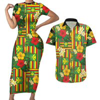 Hawaii Kanaka Maoli Hibiscus Couples Matching Short Sleeve Bodycon Dress and Hawaiian Shirt Hawaiian Flag Motif LT9 Green - Polynesian Pride