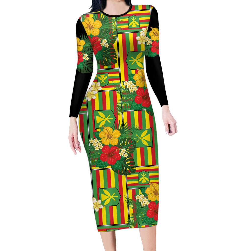 Hawaii Kanaka Maoli Hibiscus Family Matching Long Sleeve Bodycon Dress and Hawaiian Shirt Hawaiian Flag Motif LT9 Mom's Dress Green - Polynesian Pride