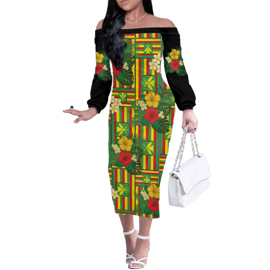 Hawaii Kanaka Maoli Hibiscus Family Matching Off The Shoulder Long Sleeve Dress and Hawaiian Shirt Hawaiian Flag Motif LT9 Mom's Dress Green - Polynesian Pride