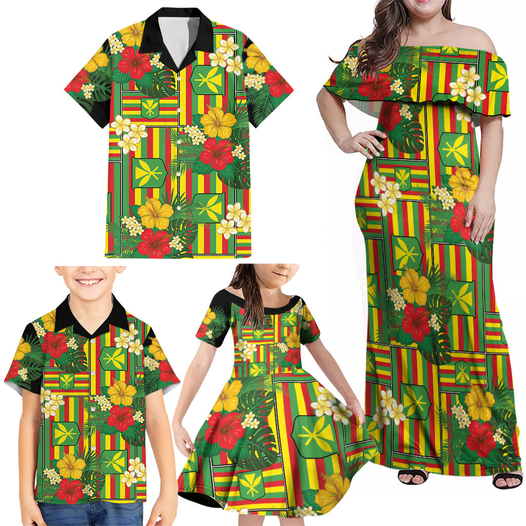 Hawaii Kanaka Maoli Hibiscus Family Matching Off Shoulder Maxi Dress and Hawaiian Shirt Hawaiian Flag Motif