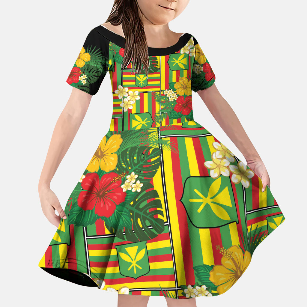 Hawaii Kanaka Maoli Hibiscus Family Matching Off Shoulder Short Dress and Hawaiian Shirt Hawaiian Flag Motif LT9 Daughter's Dress Green - Polynesian Pride