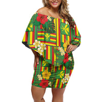 Hawaii Kanaka Maoli Hibiscus Family Matching Off Shoulder Short Dress and Hawaiian Shirt Hawaiian Flag Motif LT9 Mom's Dress Green - Polynesian Pride