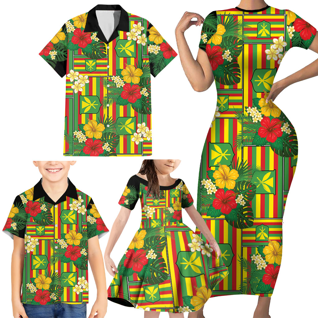 Hawaii Kanaka Maoli Hibiscus Family Matching Short Sleeve Bodycon Dress and Hawaiian Shirt Hawaiian Flag Motif LT9 - Polynesian Pride