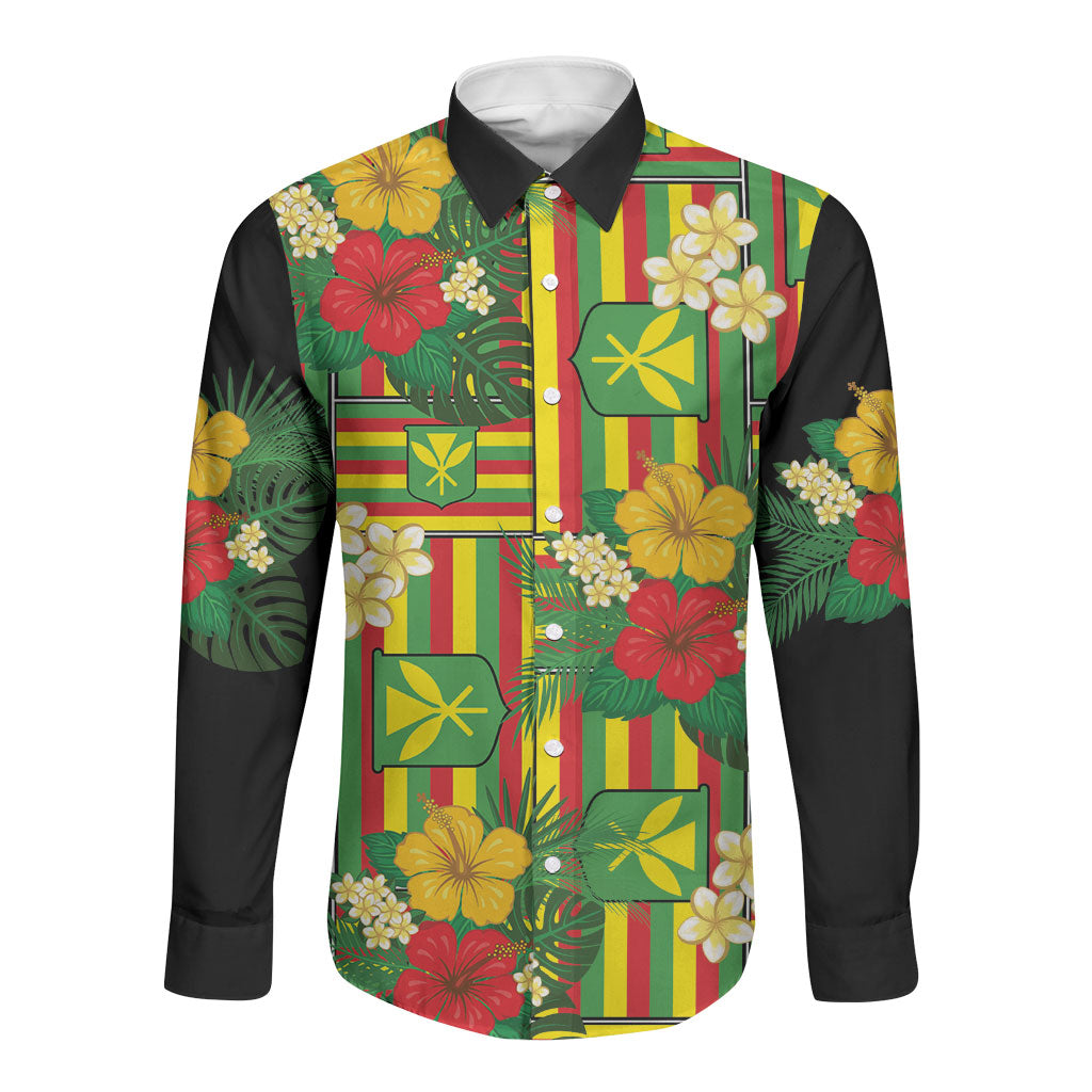 Hawaii Kanaka Maoli Hibiscus Long Sleeve Button Shirt Hawaiian Flag Motif LT9 Unisex Green - Polynesian Pride