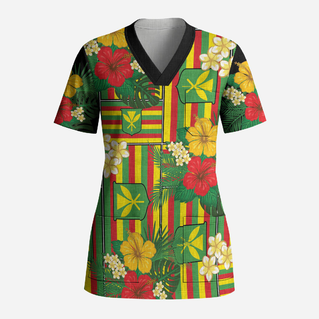 Hawaii Kanaka Maoli Hibiscus Scrub Top Hawaiian Flag Motif