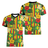 Hawaii Kanaka Maoli Hibiscus Women V-Neck T-Shirt Hawaiian Flag Motif LT9 - Polynesian Pride