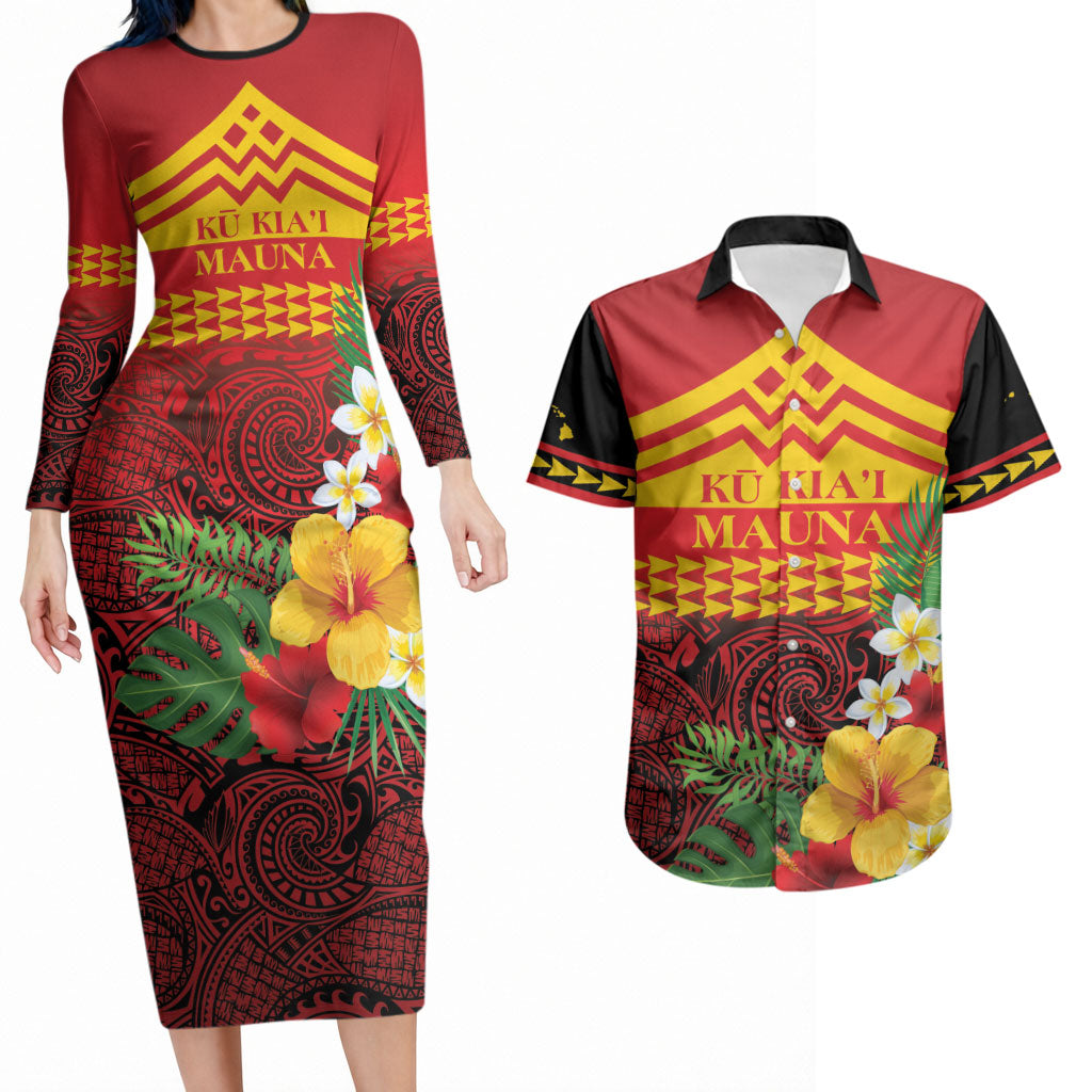 Hawaii Ku Kia'i Mauna Personalized Couples Matching Long Sleeve Bodycon Dress and Hawaiian Shirt Hibiscus Kakau Pattern LT9 Red - Polynesian Pride