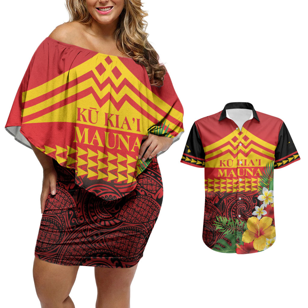 Hawaii Ku Kia'i Mauna Personalized Couples Matching Off Shoulder Short Dress and Hawaiian Shirt Hibiscus Kakau Pattern LT9 Red - Polynesian Pride