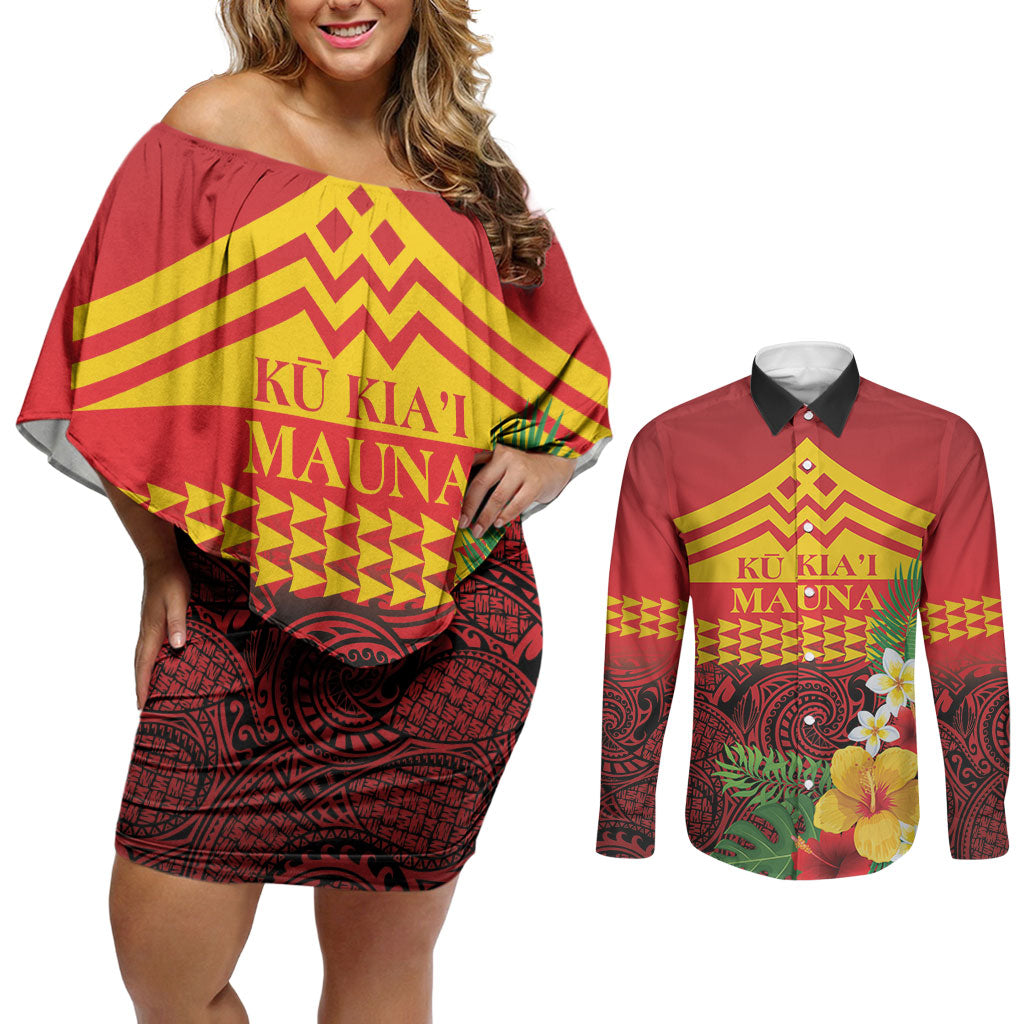 Hawaii Ku Kia'i Mauna Personalized Couples Matching Off Shoulder Short Dress and Long Sleeve Button Shirt Hibiscus Kakau Pattern LT9 Red - Polynesian Pride